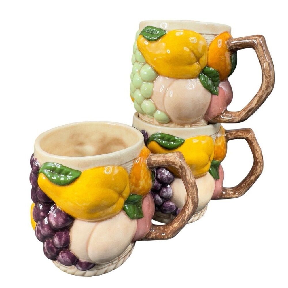 Vintage 1969 Hand Glazed Painted Ceramic Mugs‎ Cups Set 3 Fruit Whimsical Signed